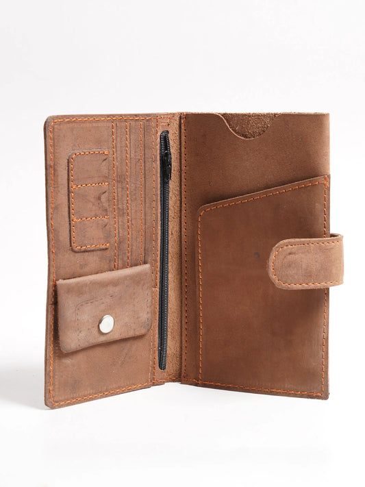 Brown Textured Leather Long Wallet