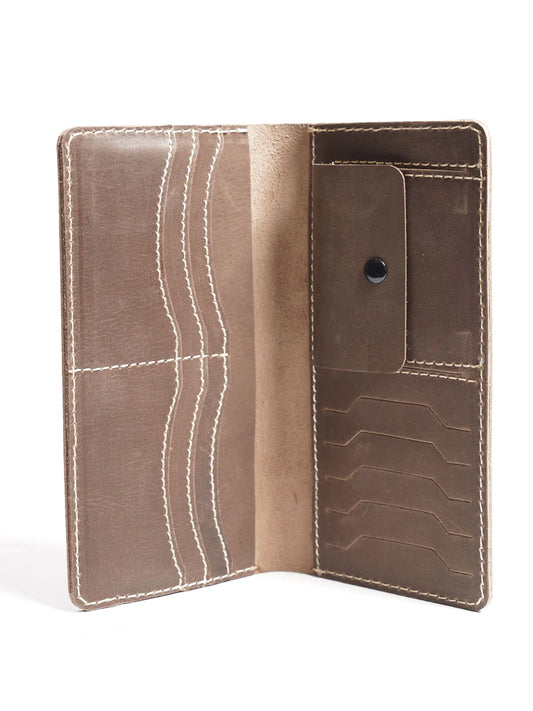 Brown Plain Leather Long Wallet